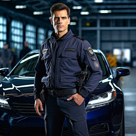 Confident handsome man automotive security personnel at work on blured background