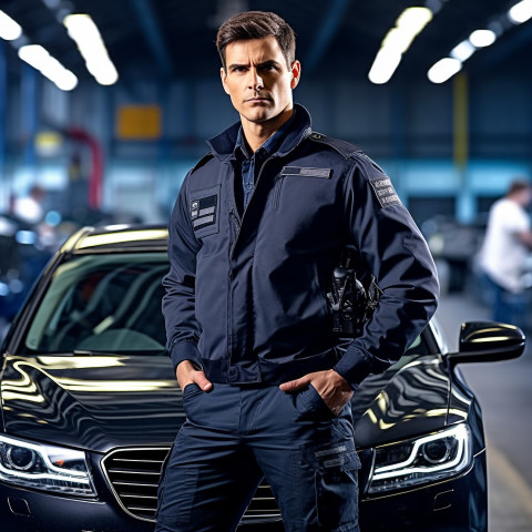 Confident handsome man automotive security personnel at work on blured background