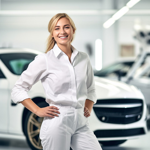 Friendly smiling beautiful woman automotive valets at work on blured background