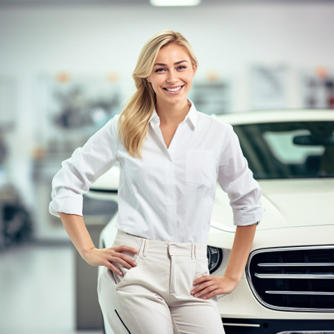 Friendly smiling beautiful woman automotive valets at work on blured background