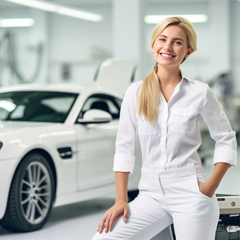 Friendly smiling beautiful woman automotive valets at work on blured background