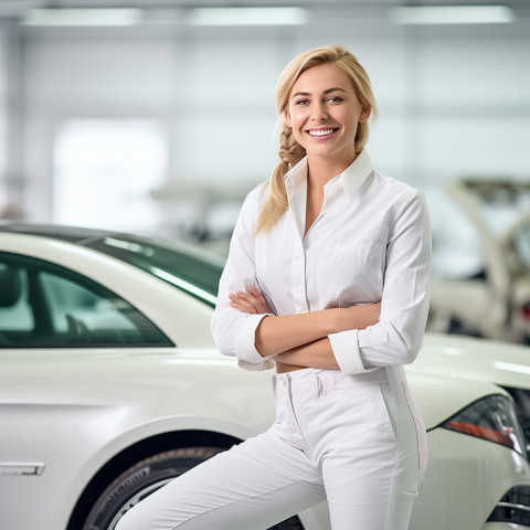 Friendly smiling beautiful woman automotive valets at work on blured background