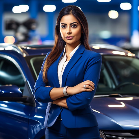 Confident beautiful indian woman automotive customer service representatives at work on blured background