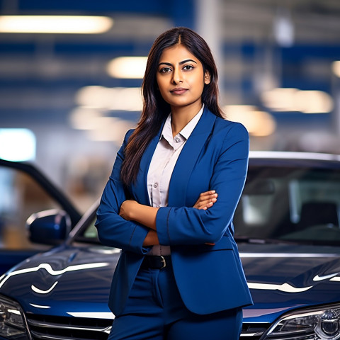 Confident beautiful indian woman automotive customer service representatives at work on blured background