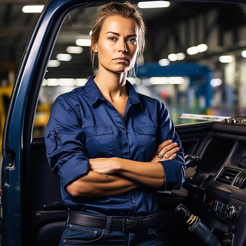 Confident beautiful woman automotive driver at work on blured background