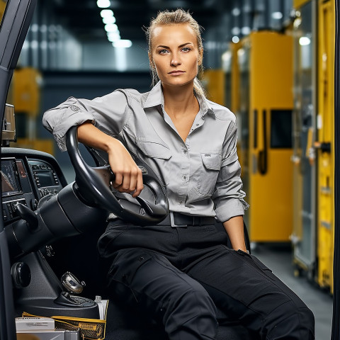 Confident beautiful woman automotive driver at work on blured background