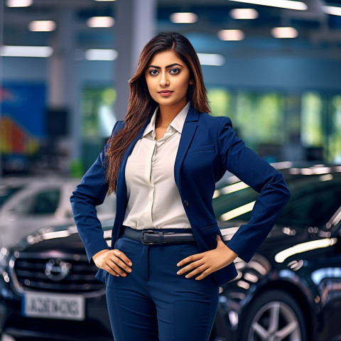 Confident beautiful indian woman automotive customer service representatives at work on blured background