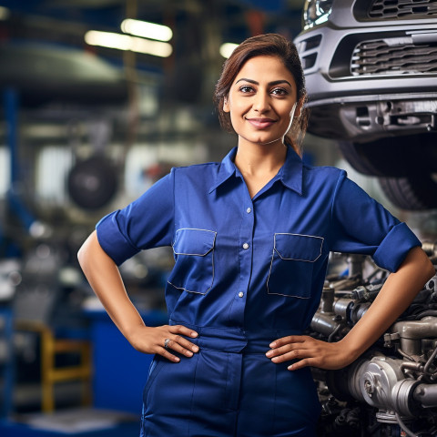 Confident beautiful indian woman automotive service manager at work on blured background