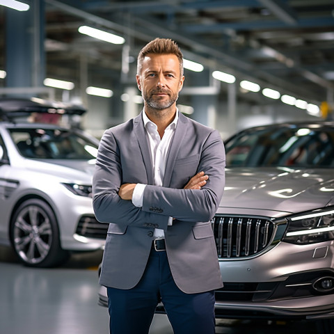 Confident handsome man automotive human resources manager at work on blured background