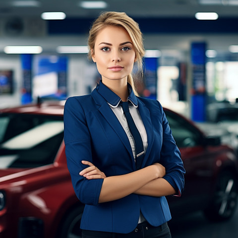 Confident beautiful woman automotive customer service representatives at work on blured background