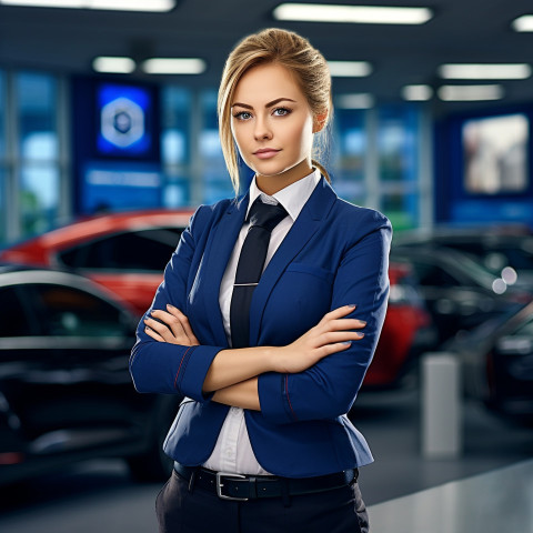 Confident beautiful woman automotive customer service representatives at work on blured background