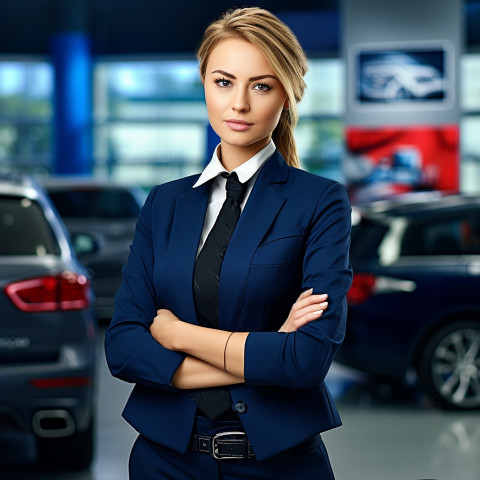 Confident beautiful woman automotive customer service representatives at work on blured background