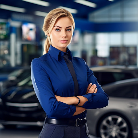 Confident beautiful woman automotive customer service representatives at work on blured background