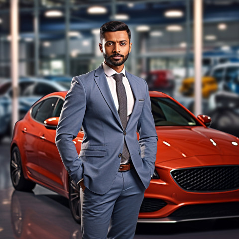 Confident handsome indian man automotive customer relations specialist at work on blured background