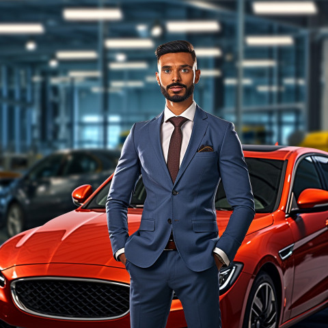 Confident handsome indian man automotive customer relations specialist at work on blured background