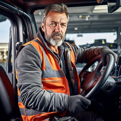 Confident handsome man automotive driver at work on blured background