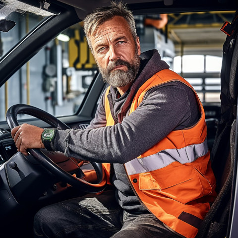 Confident handsome man automotive driver at work on blured background