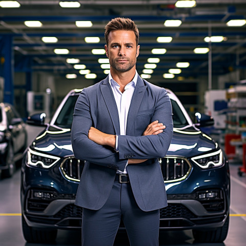 Confident handsome man automotive human resources manager at work on blured background