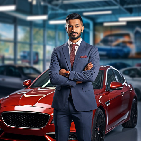 Confident handsome indian man automotive customer relations specialist at work on blured background