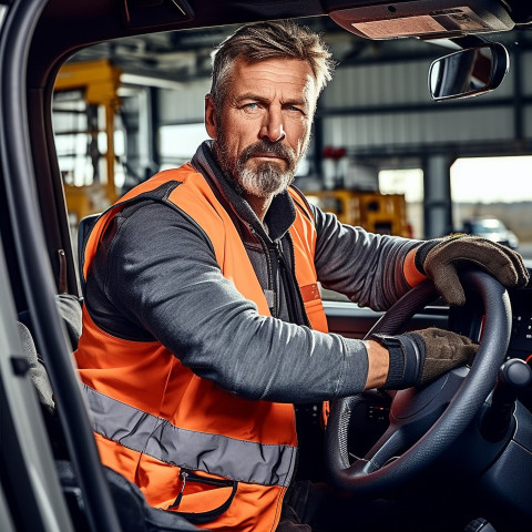 Confident handsome man automotive driver at work on blured background