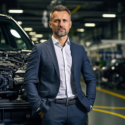 Confident handsome man automotive human resources manager at work on blured background