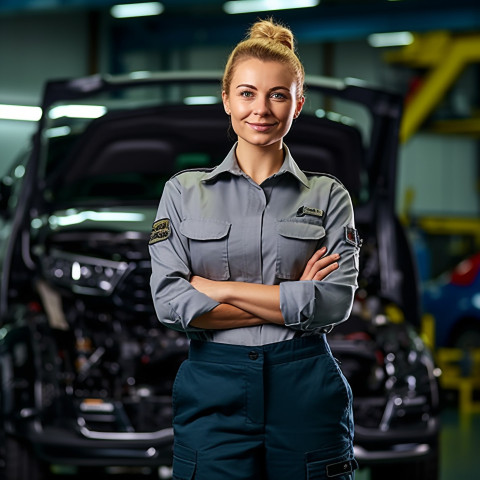 Confident beautiful woman automotive service manager at work on blured background