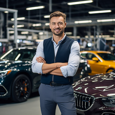 Confident handsome man automotive sales representative at work on blured background