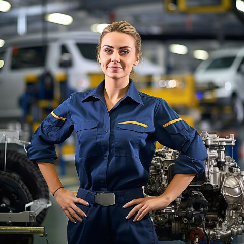 Confident beautiful woman automotive parts manager at work on blured background