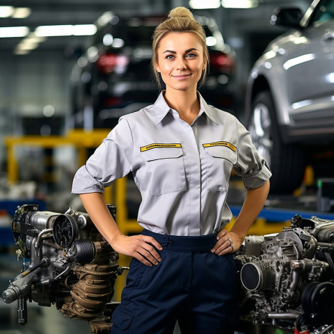 Confident beautiful woman automotive parts manager at work on blured background