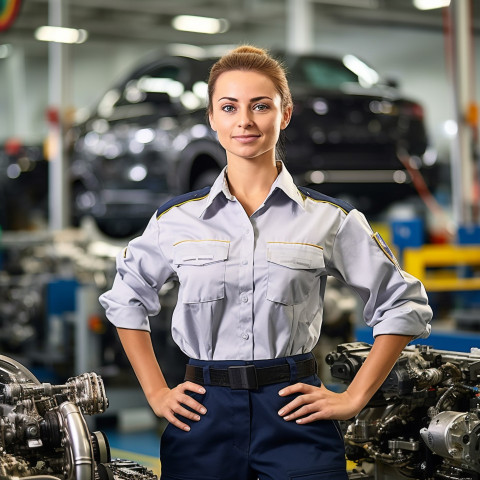 Confident beautiful woman automotive parts manager at work on blured background