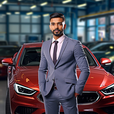 Confident handsome indian man automotive customer relations specialist at work on blured background