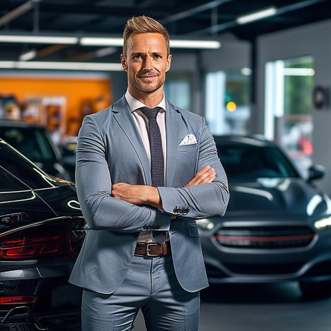 Confident handsome man automotive sales representative at work on blured background