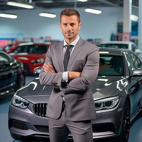 Confident handsome man automotive sales representative at work on blured background