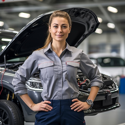 Confident beautiful woman automotive training instructor at work on blured background