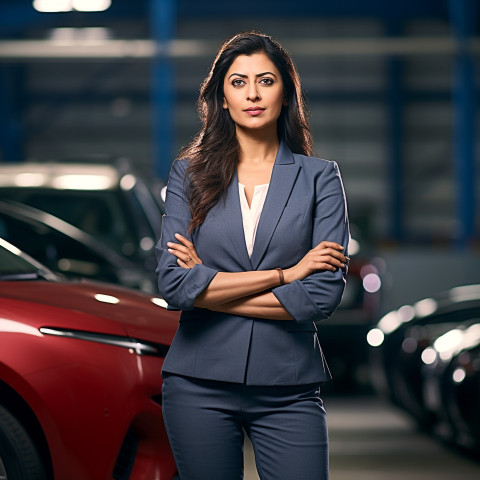 Confident beautiful indian woman automotive marketing manager at work on blured background