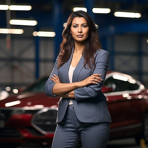 Confident beautiful indian woman automotive marketing manager at work on blured background