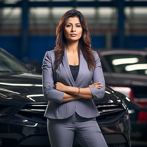 Confident beautiful indian woman automotive marketing manager at work on blured background