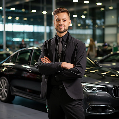 Confident handsome man automotive customer service representatives at work on blured background