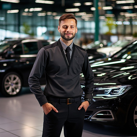 Confident handsome man automotive customer service representatives at work on blured background