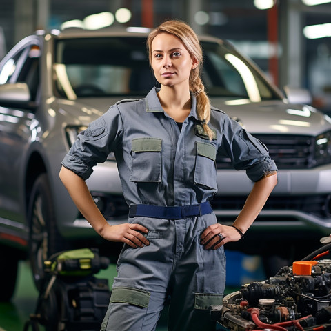 Confident beautiful woman automotive service manager at work on blured background