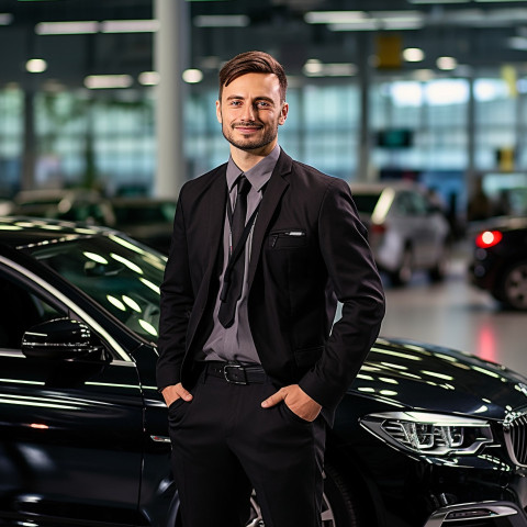 Confident handsome man automotive customer service representatives at work on blured background