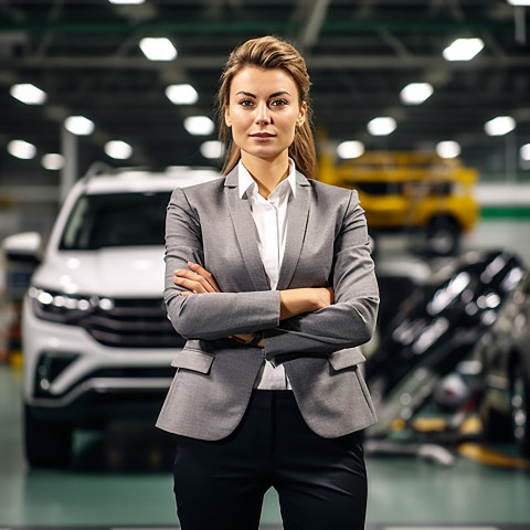 Confident beautiful woman automotive general manager at work on blured background