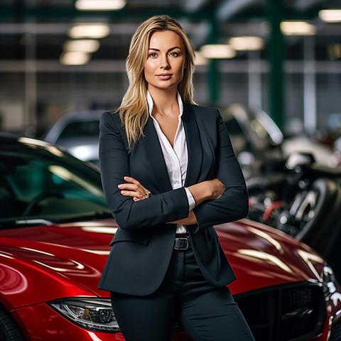 Confident beautiful woman automotive legal counsel at work on blured background