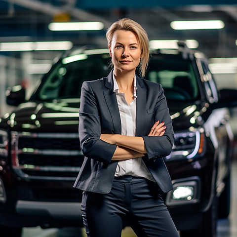 Confident beautiful woman automotive general manager at work on blured background