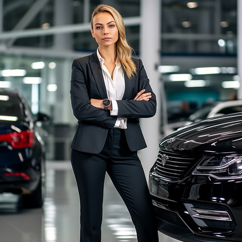 Confident beautiful woman automotive legal counsel at work on blured background