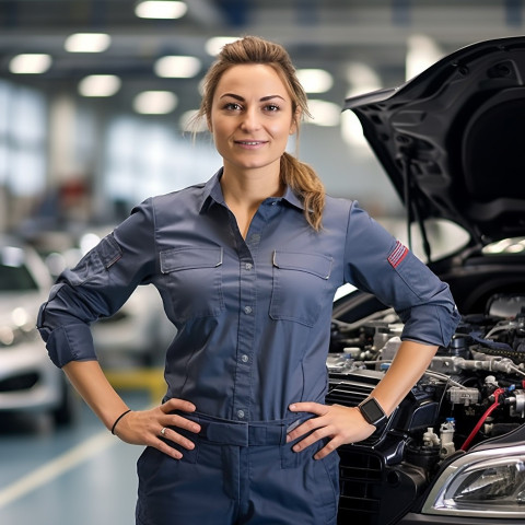 Confident beautiful woman automotive training instructor at work on blured background