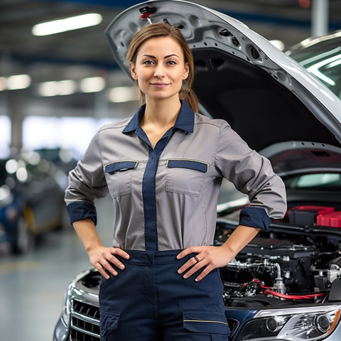 Confident beautiful woman automotive training instructor at work on blured background