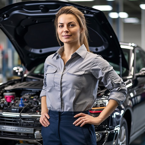 Confident beautiful woman automotive training instructor at work on blured background