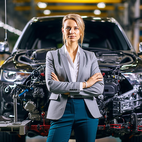 Confident beautiful woman automotive general manager at work on blured background