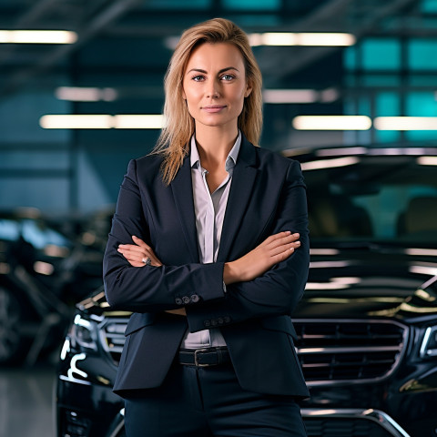 Confident beautiful woman automotive general manager at work on blured background